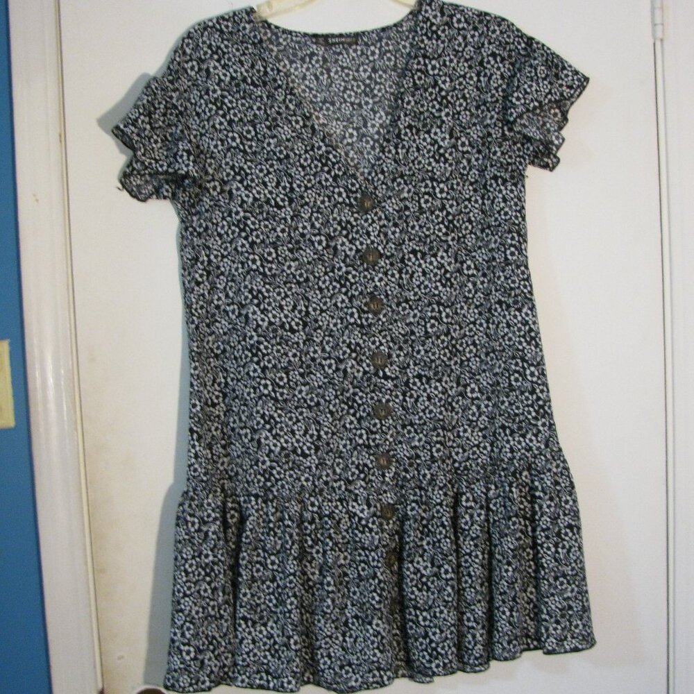 Shein Floral Dress XS Black White Flowers Babydoll Button Up Cottagecore Boho